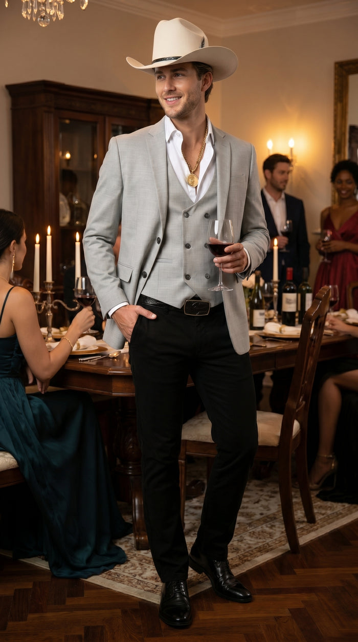 Men’s Light Gray Western Suit Blazer with Double Breasted Vest, Modern Cowboy Formal Outfit