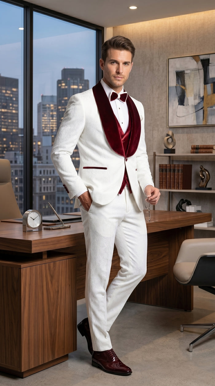Men’s Gianni White and Burgundy Velvet Lapel 3 Piece Tuxedo, Formal Wedding Prom Suit