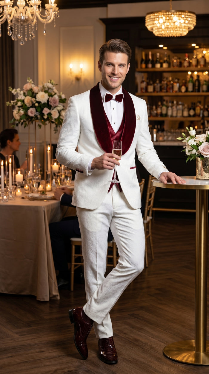 Men’s Gianni White and Burgundy Velvet Lapel 3 Piece Tuxedo, Formal Wedding Prom Suit