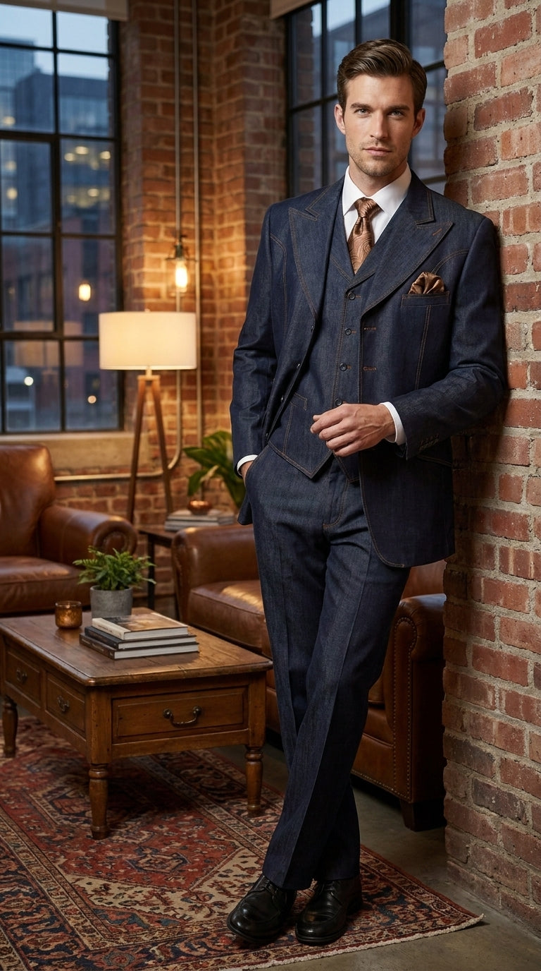 Men’s Navy Blue Denim 3 Piece Suit, Vested 4 Button Wide Peak Lapel Dress Suit