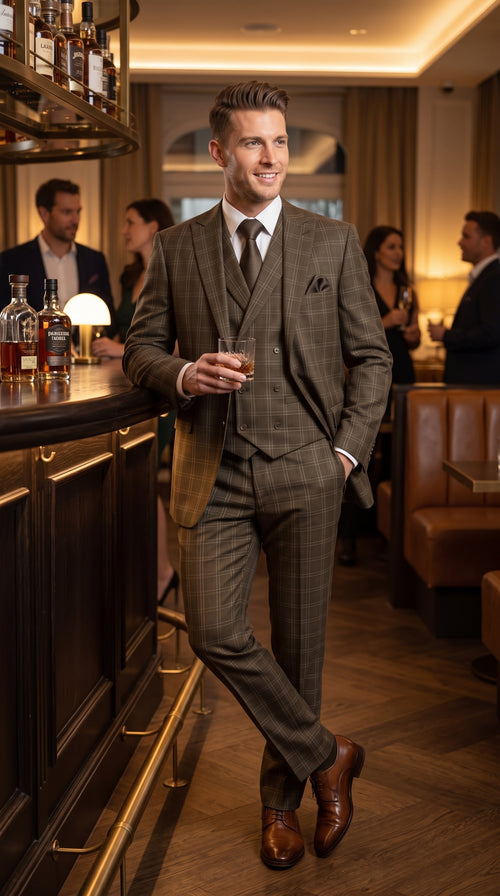 Men’s Brown Windowpane Plaid 3 Piece Suit, Double Breasted Vest Formal Wedding Business Suit