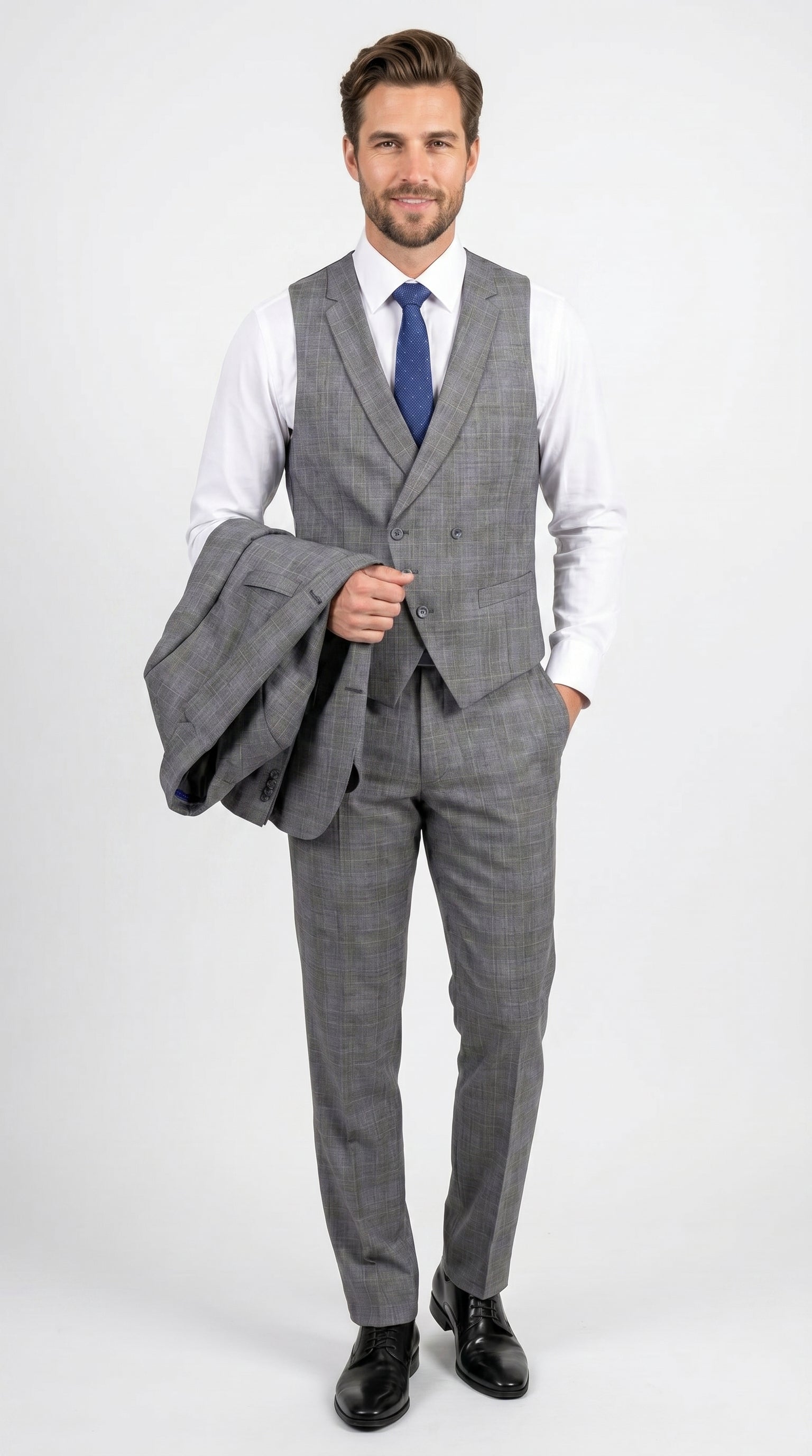 Men’s Gray Glen Plaid 3 Piece Suit with Jacket, Vest and Pants, Formal Wedding Business Dress Suit