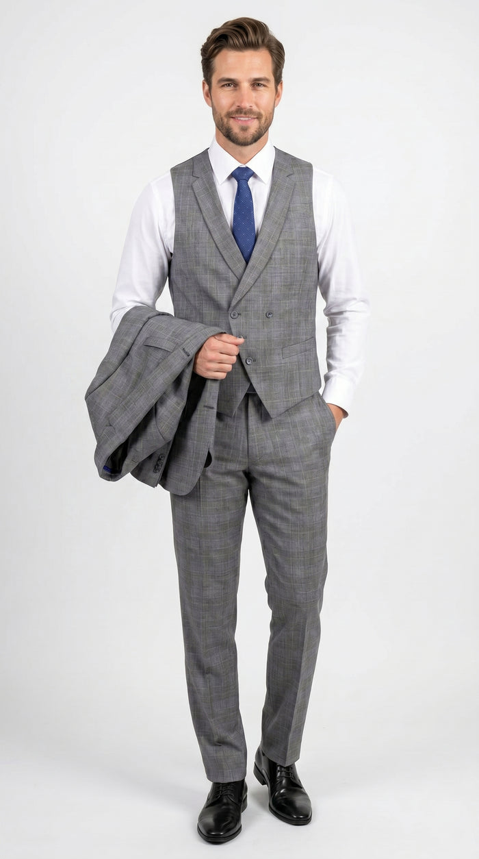 Men’s Gray Glen Plaid 3 Piece Suit with Jacket, Vest and Pants, Formal Wedding Business Dress Suit