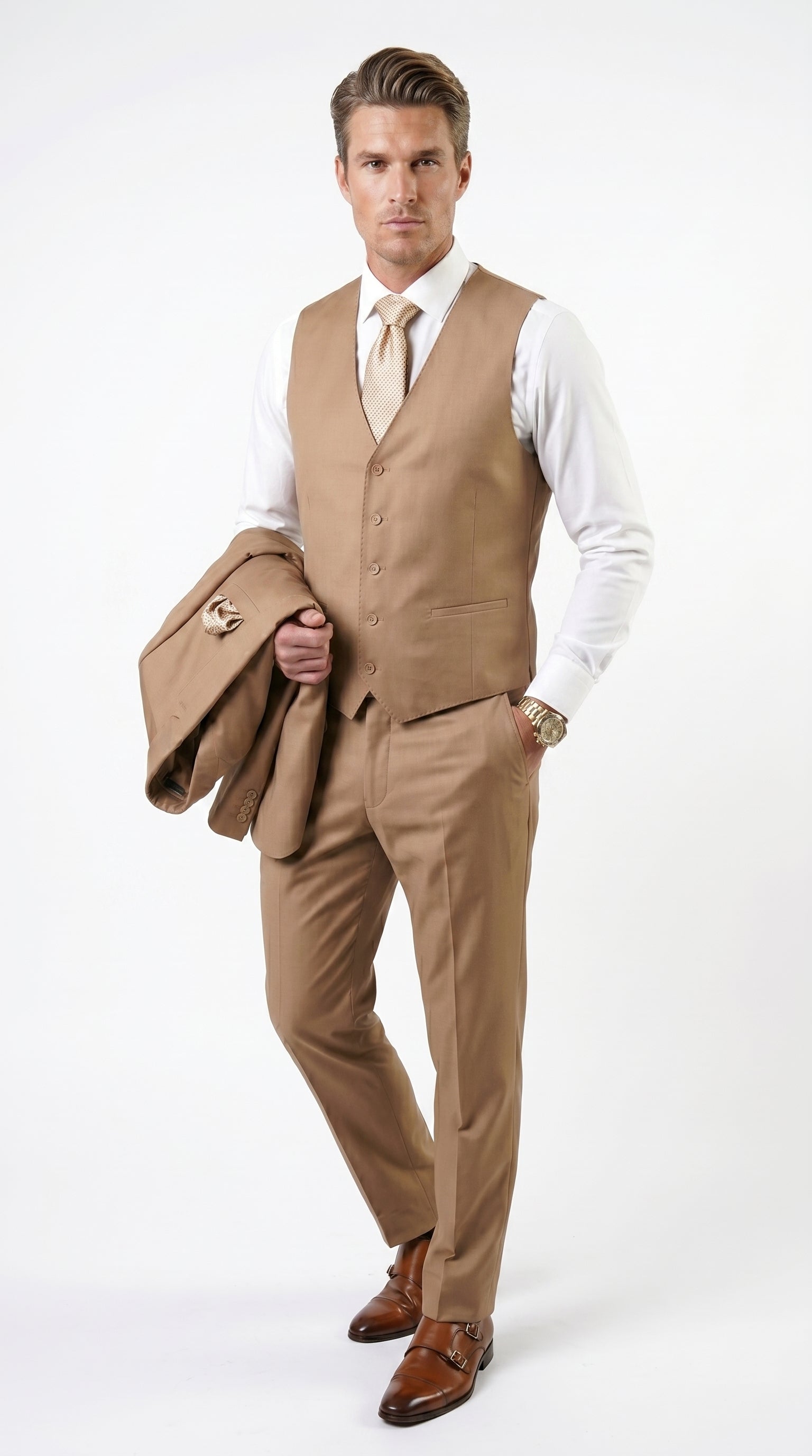 Statement Men’s Solid Caramel 100% Wool Vested Suit, Formal Wedding Business 3 Piece Suit Set
