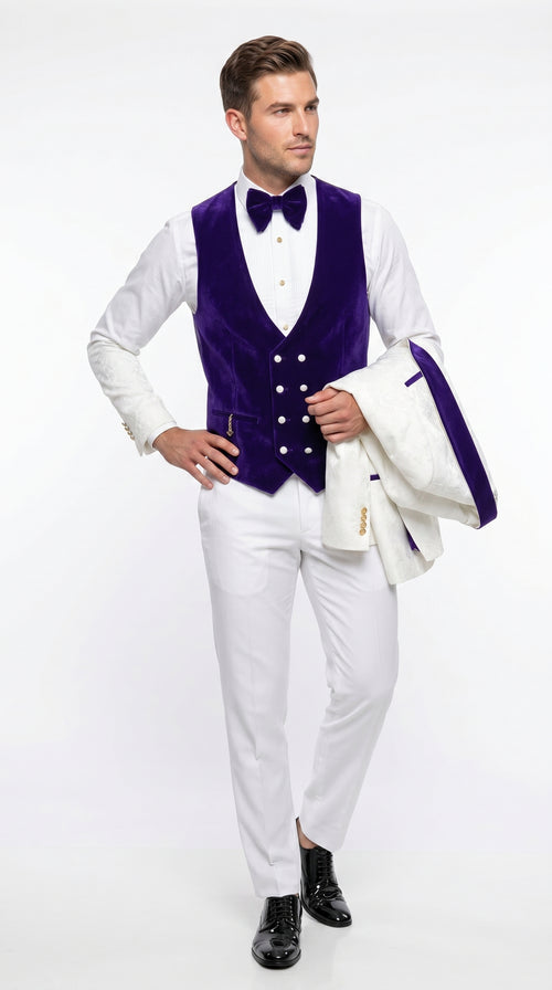 Men’s White and Royal Blue Wedding Tuxedo, Groom Prom Suit with Velvet Shawl Lapel and Matching Vest