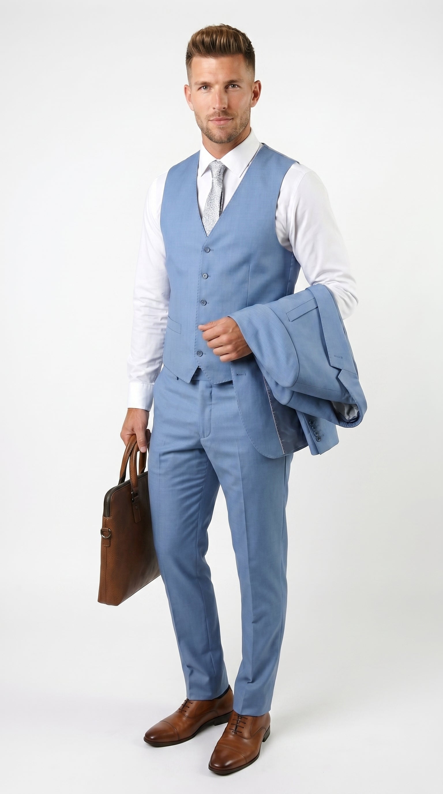 Statement Men’s Solid Steel Blue 100% Wool Vested Suit, Formal Wedding Business 3 Piece Suit Set - 34 Short or Extra Small