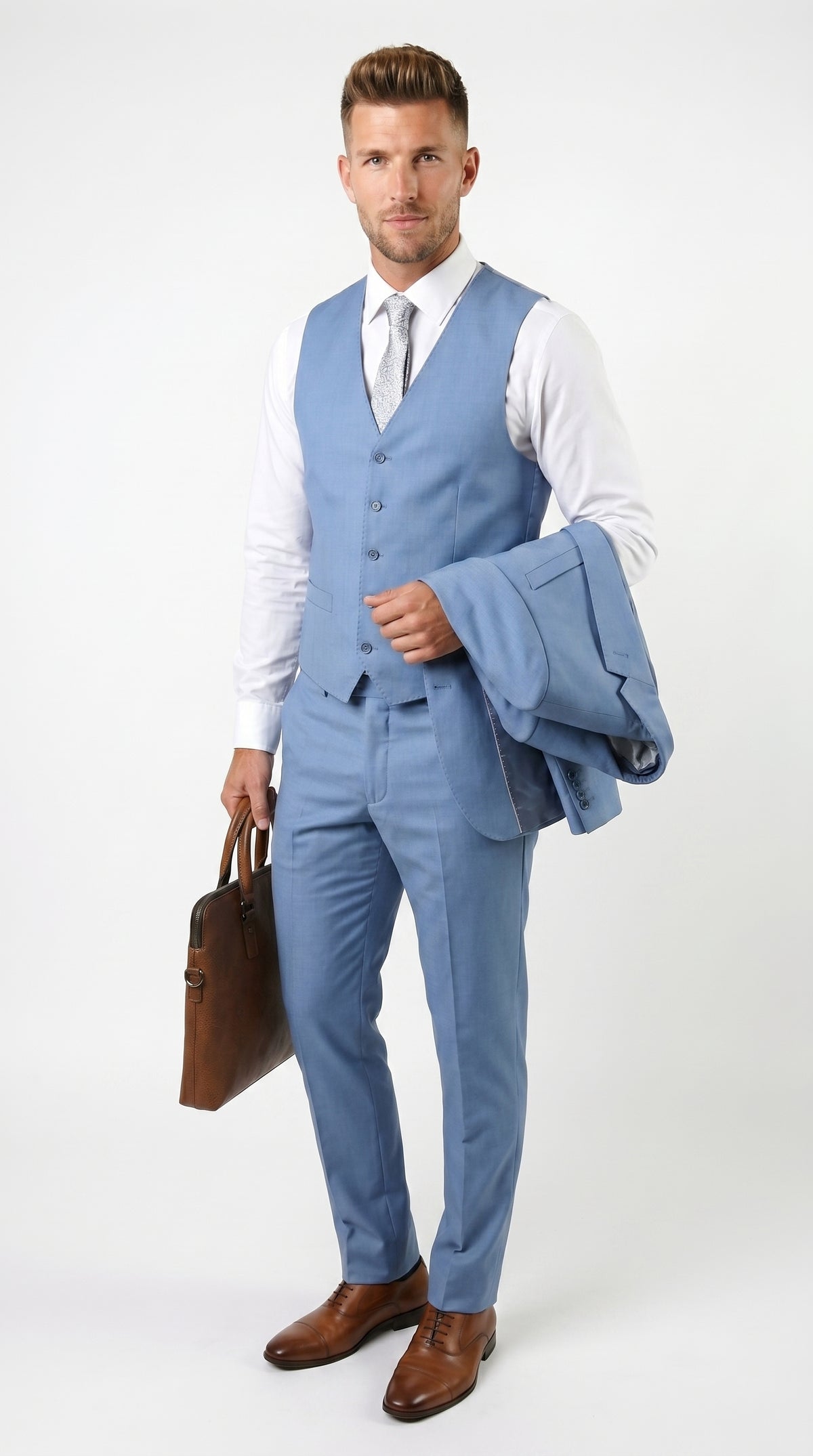 Statement Men’s Solid Steel Blue 100% Wool Vested Suit, Formal Wedding Business 3 Piece Suit Set