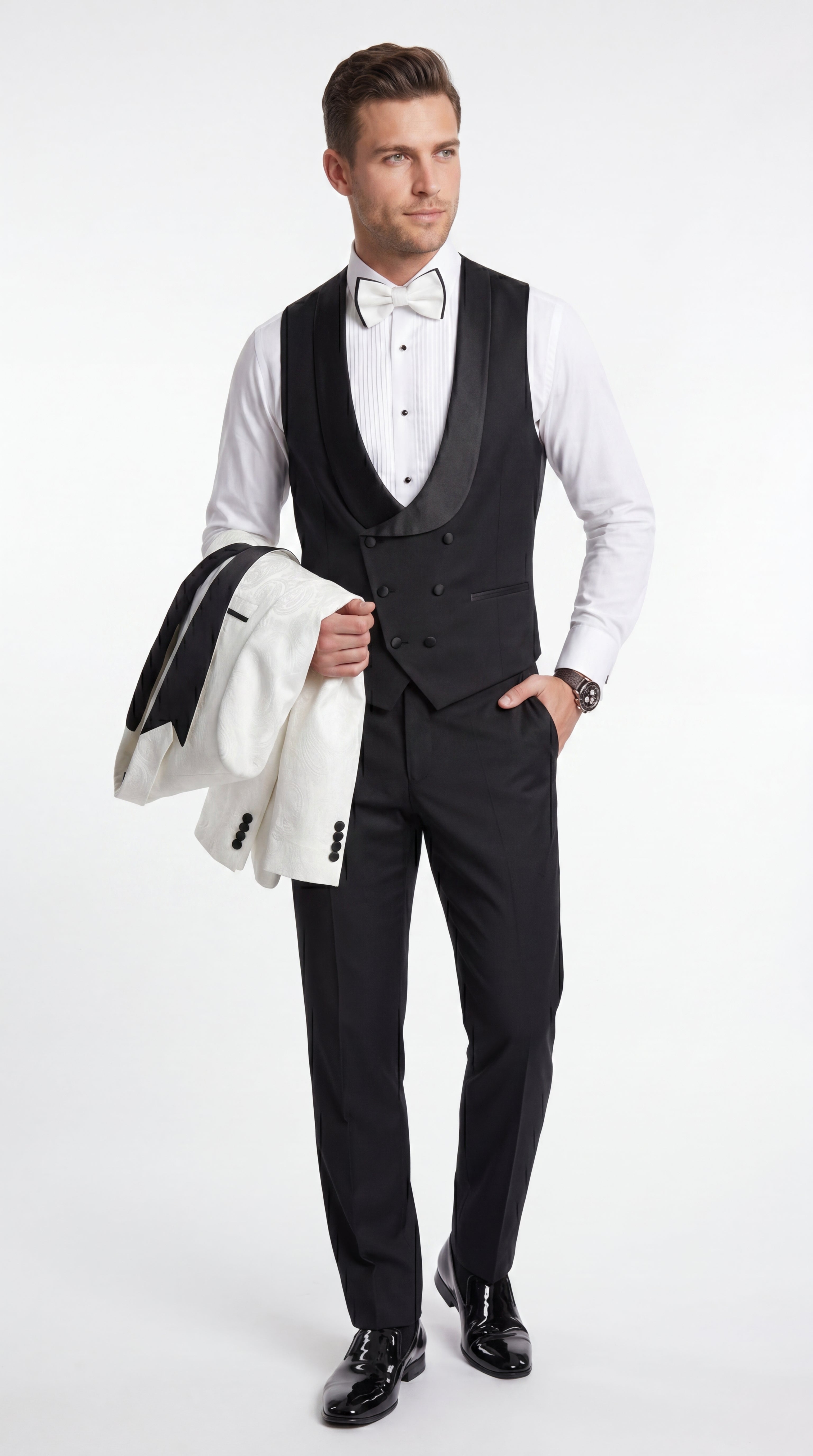 Statement Men’s White and Black Vested Tuxedo, Peak Lapel Wedding Prom Formal Suit with Bow Tie