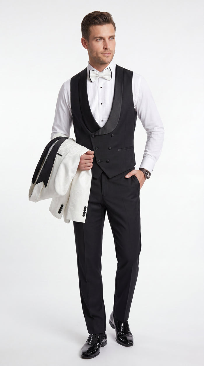 Statement Men’s White and Black Vested Tuxedo, Peak Lapel Wedding Prom Formal Suit with Bow Tie