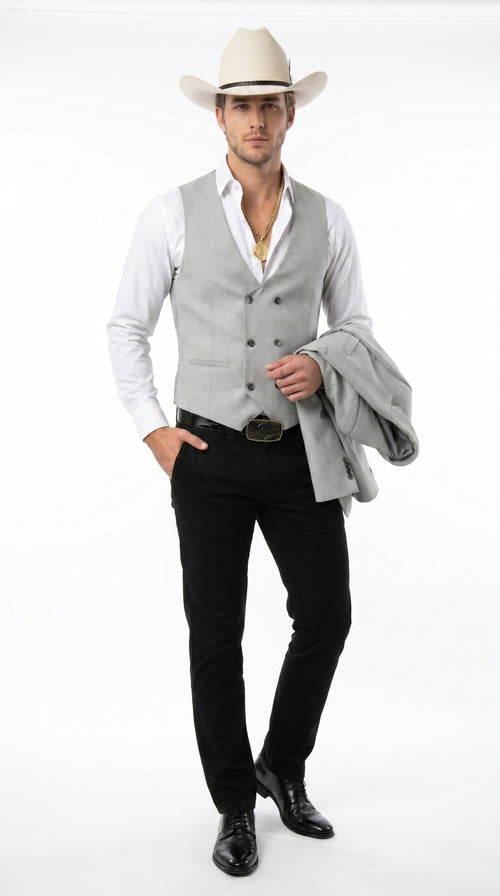 Men’s Light Gray Western Suit Blazer with Double Breasted Vest, Modern Cowboy Formal Outfit
