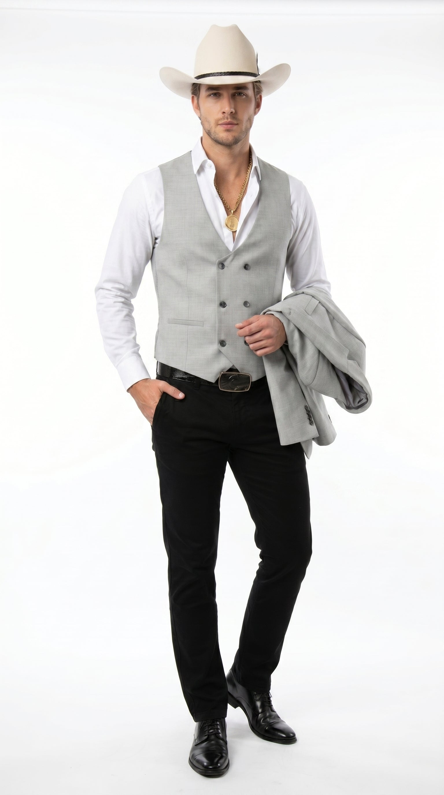 Men’s Light Gray Western Suit Blazer with Double Breasted Vest, Modern Cowboy Formal Outfit