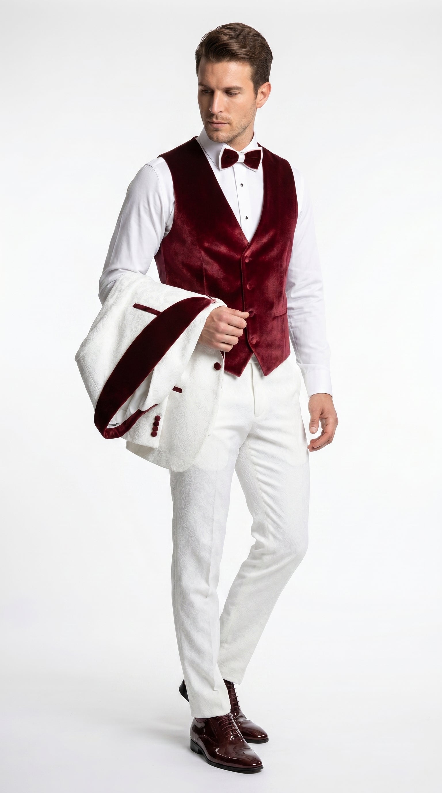 Men’s Gianni White and Burgundy Velvet Lapel 3 Piece Tuxedo, Formal Wedding Prom Suit