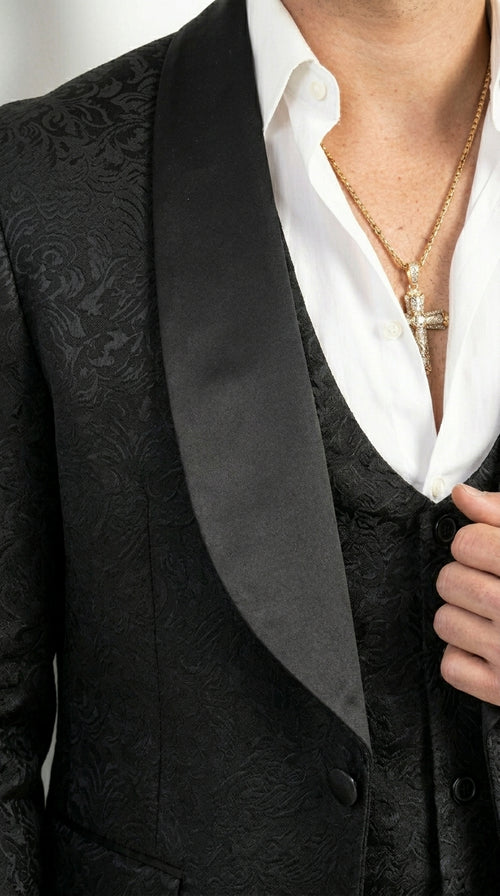 Men’s Black Paisley Jacquard Western Formal Blazer with Satin Shawl Lapel, Designer Jacket