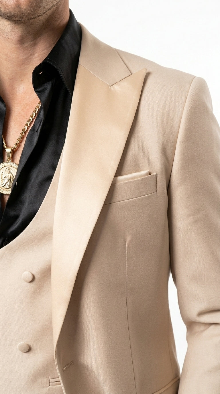 Mens Light Beige Western 3-Piece Suit – Cowboy Tuxedo with Shawl Lapel