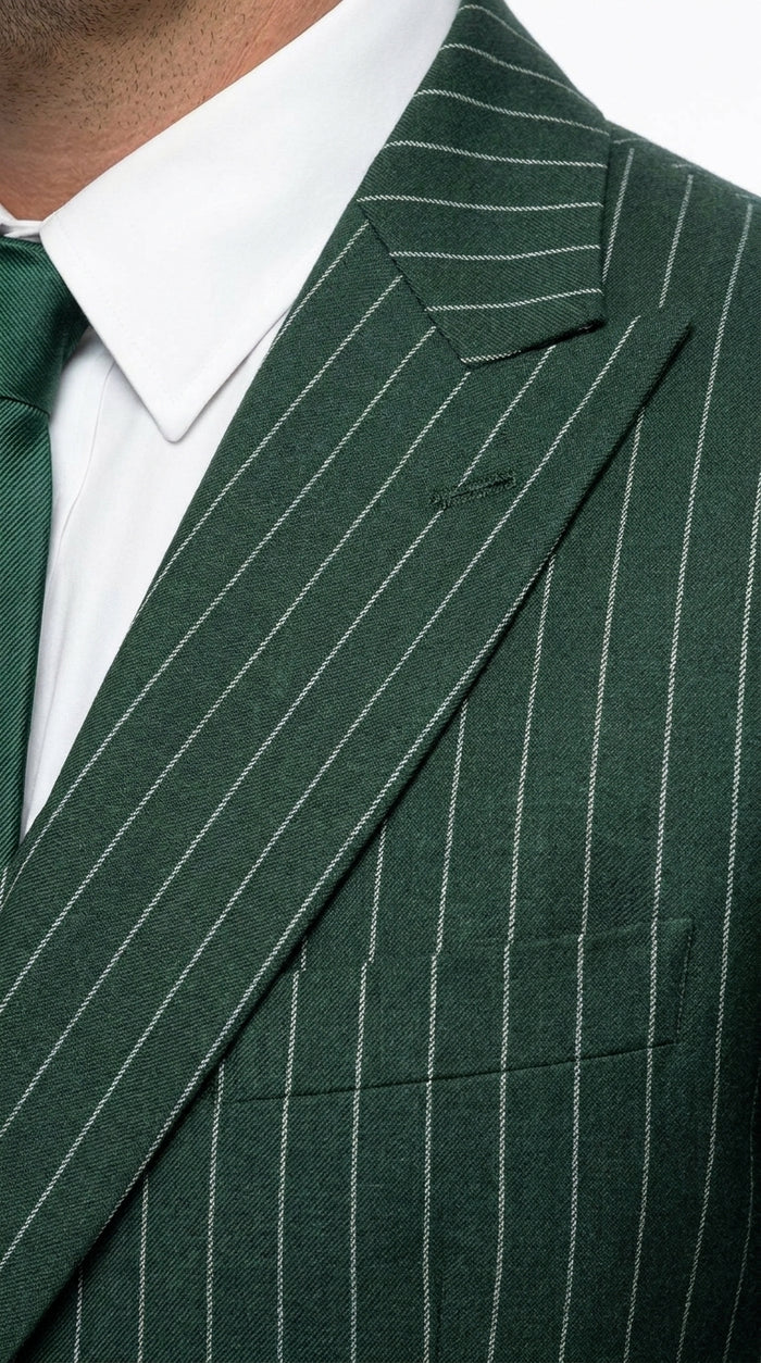 Men’s Hunter Green Pinstripe 1920s Gangster 3 Piece Suit, Great Gatsby Formal Outfit for Weddings, Prom, Parties, and Theme Events
