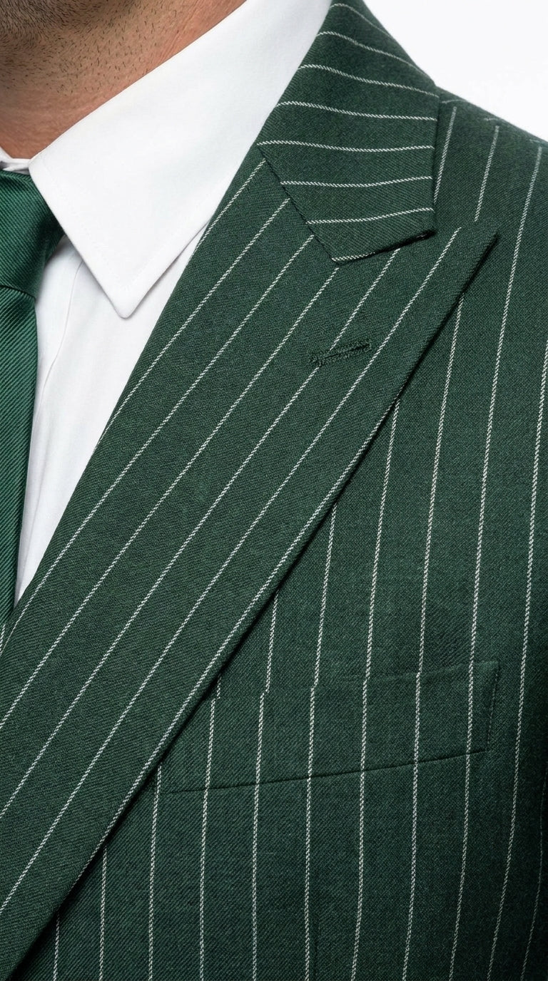 Men’s Hunter Green Pinstripe 1920s Gangster 3 Piece Suit, Great Gatsby Formal Outfit for Weddings, Prom, Parties, and Theme Events