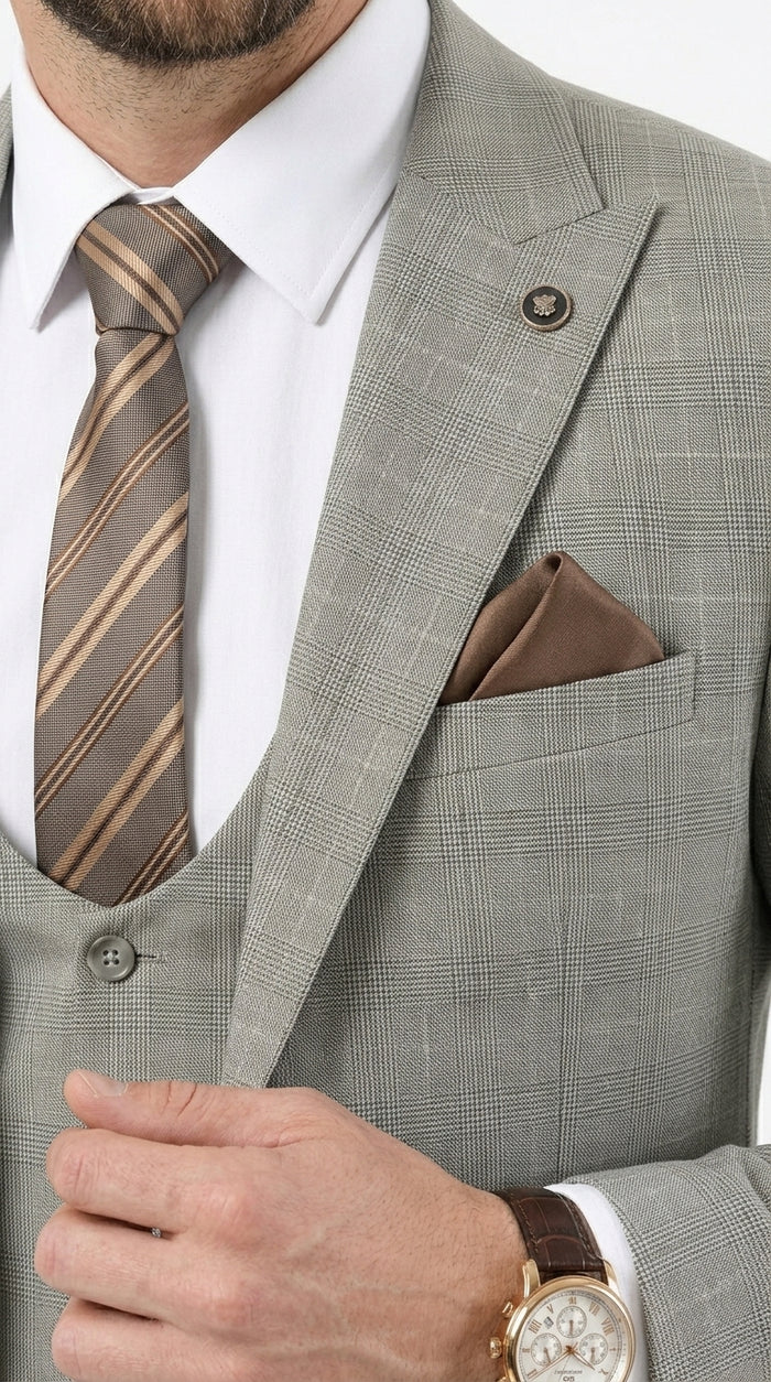 Men’s Khaki Glen Plaid Stacy Adams 3 Piece Suit, Two Button Peak Lapel Formal Wedding Suit Set