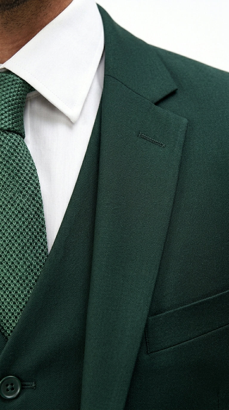 Men’s Hunter Green Vested Suit, Statement Formal Wedding Prom 3 Piece Suit Set
