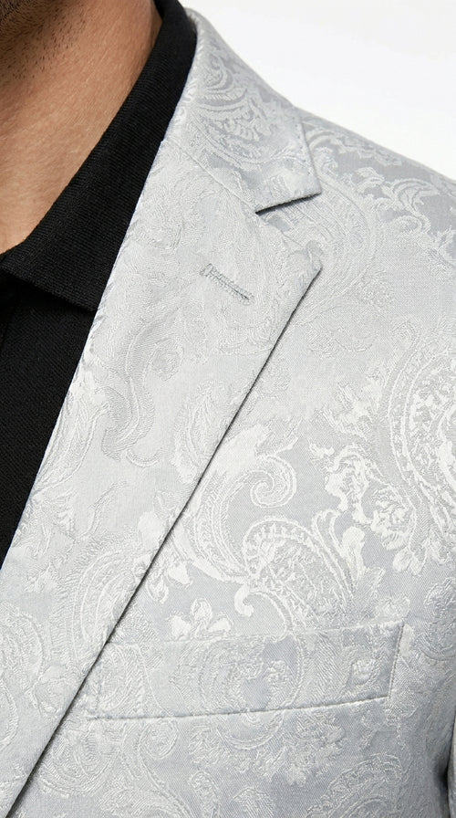 Men’s Silver Grey Paisley Wedding and Prom 2026 Suit with Jacket and Matching Pants