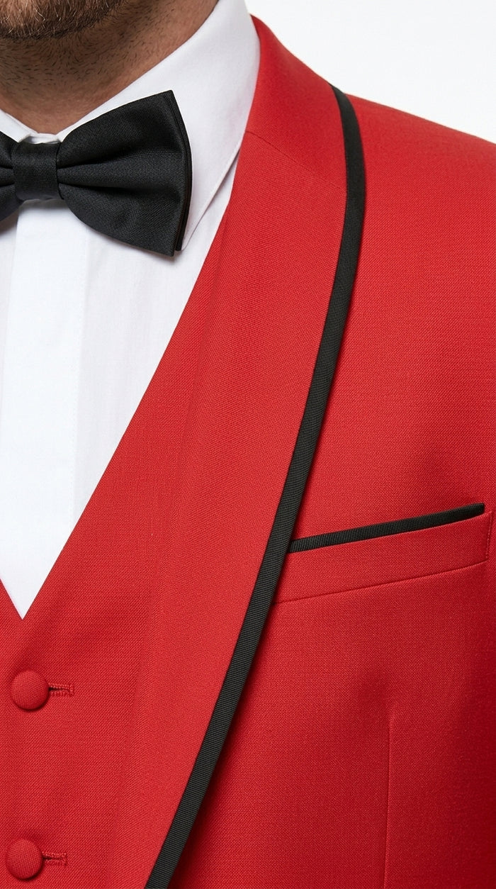 Statement Men’s Red 100% Wool Vested Tuxedo with Black Trim Fine Lapel, Wedding Prom Formal Suit Set
