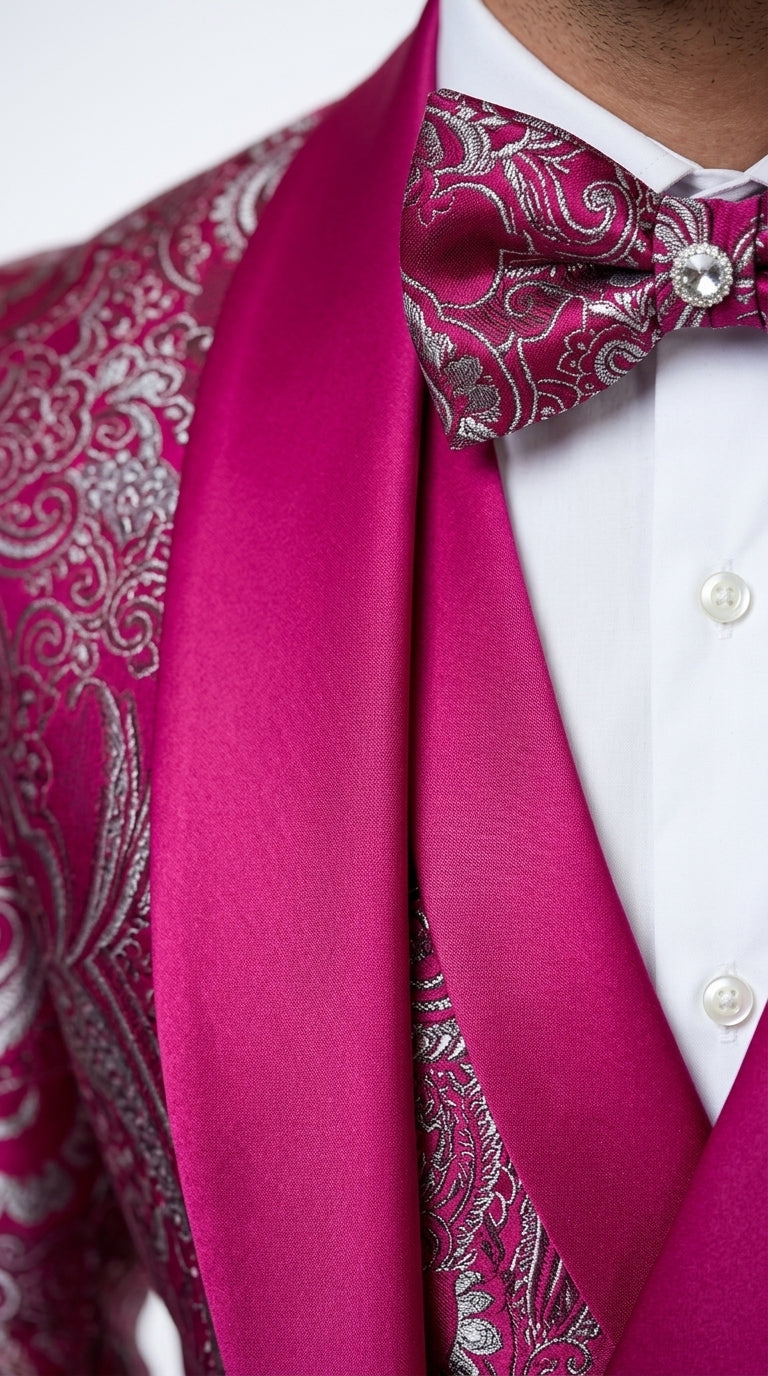 Statement Men’s Red Patterned Vested Tuxedo with Bowtie, Paisley Formal Wedding Prom Suit Set