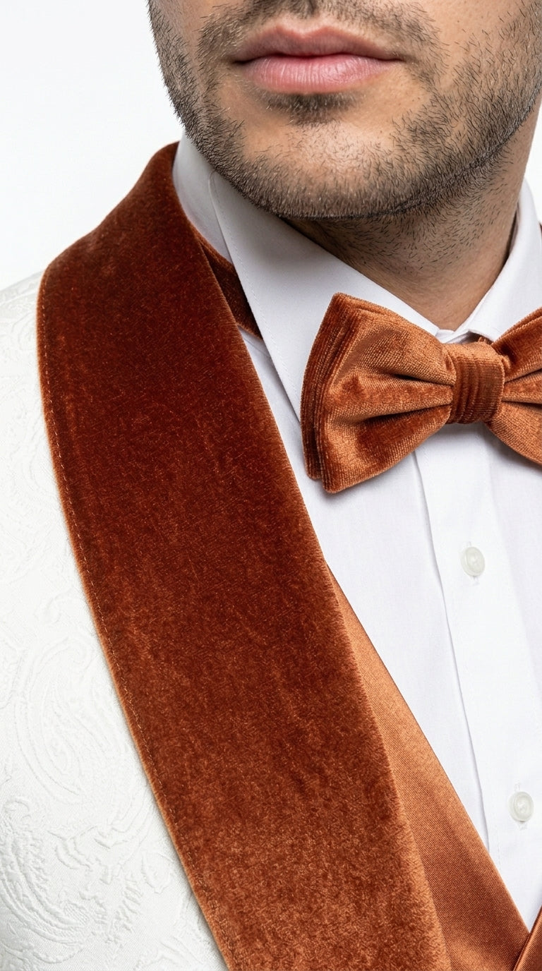 Men’s White Paisley Tuxedo with Burnt Orange Velvet Shawl Lapel, Formal Wedding Prom Dinner Suit - Orange and White