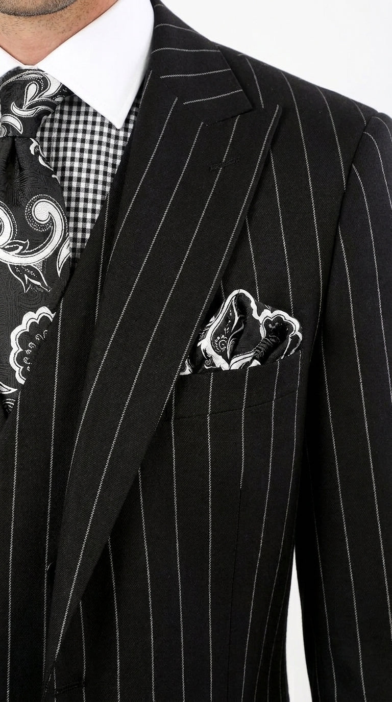 Royal Diamond Men’s Black Pinstripe 3-Piece Suit – Classic Wedding, Business and Formal Suit with Vest - 38 Short Jacket+32 Waist Adjustable 28to34)(Height: 5 4 to5 7 )(Neck  15-16.5)S-M)