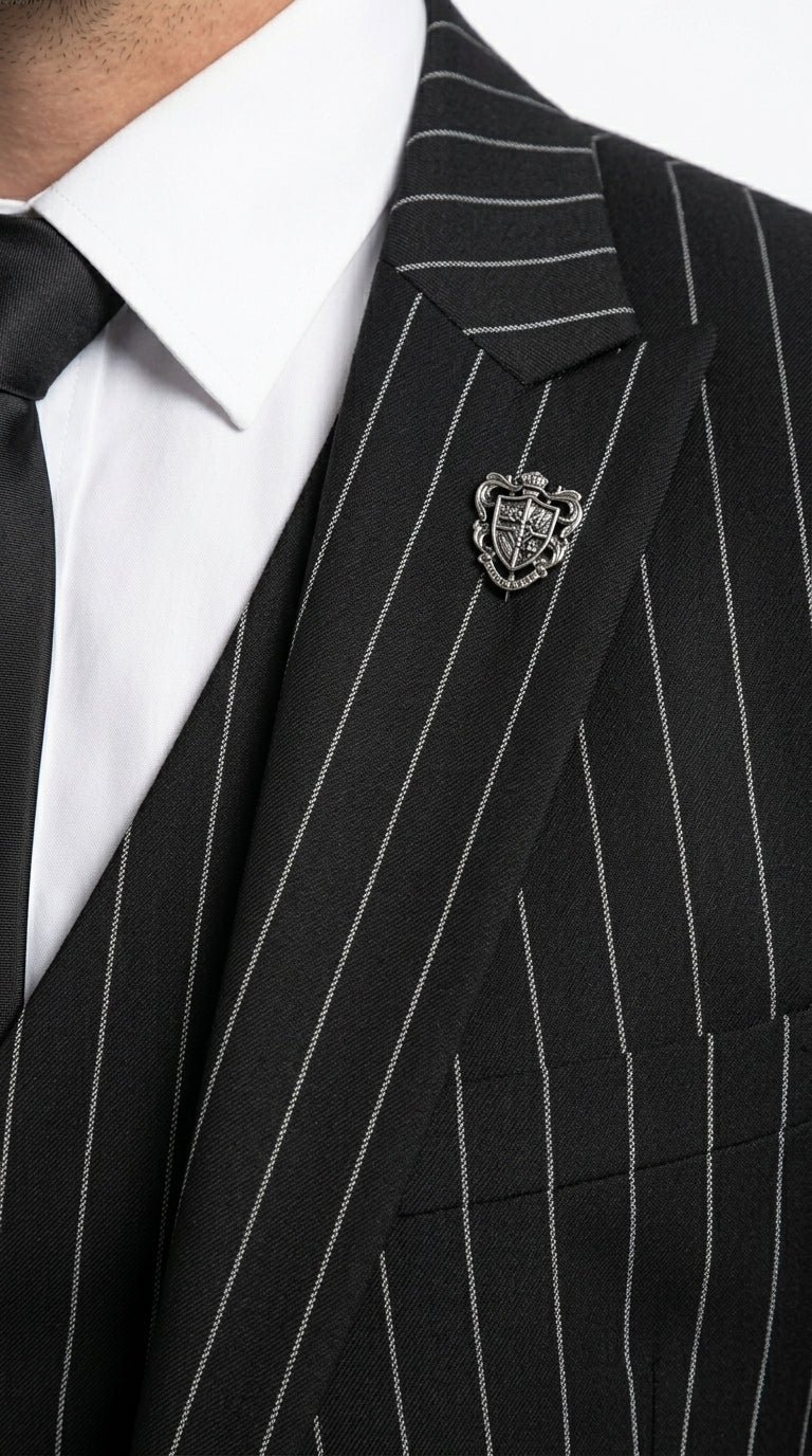 Men’s Black 2 Button Gangster Pinstripe Suit, Striped Pattern Homecoming 3 Piece Dress Suit