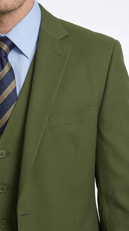 Men’s Olive Classic Fit 3 Piece Suit, Flat Front Vested Formal Wedding Business Suit