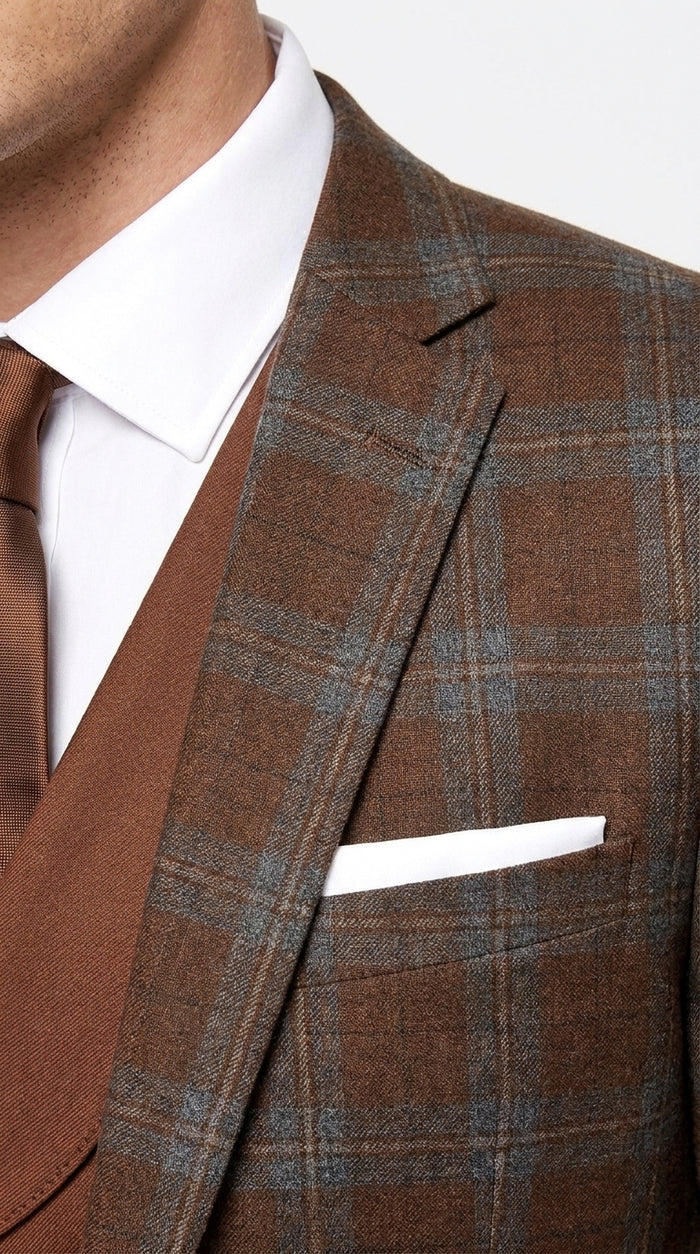 Men’s Copper Plaid Modern Fit Wool Suit, 3 Piece Formal Suit with Double Breasted Vest