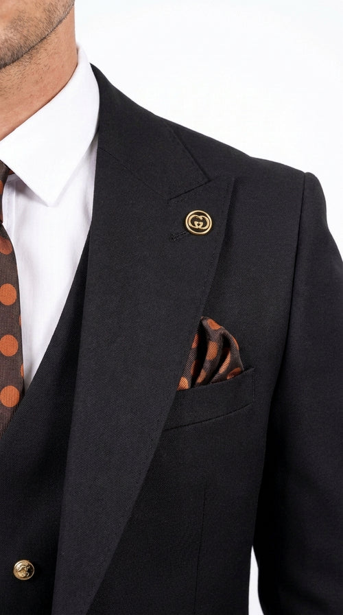 Men’s Black Double Breasted Vested Suit, 1920s 1980s Style Peak Lapel Wool Feel Designer Suit with Gold Buttons