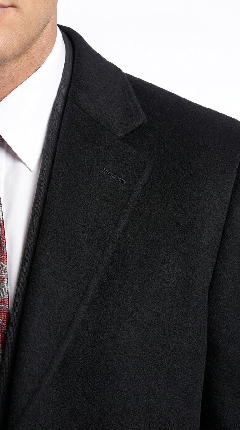 Men’s Black Wool and Cashmere Full Length Overcoat, Luxury Formal Dress Coat