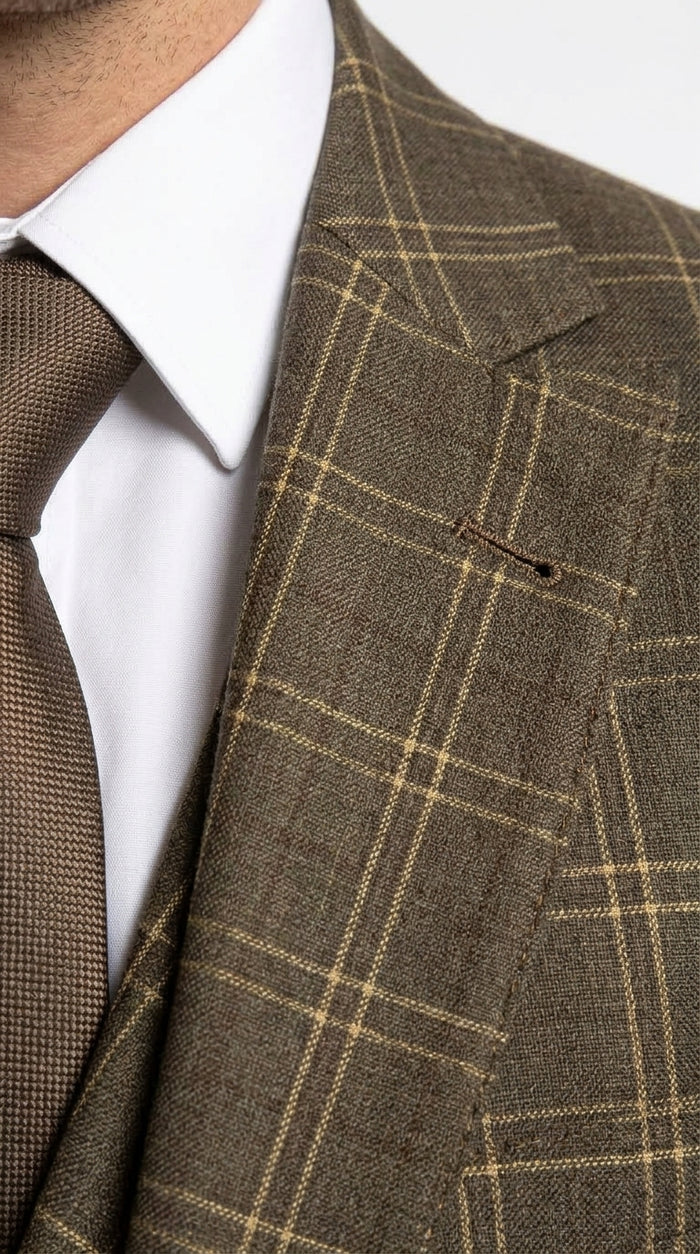 Men’s Brown Windowpane Plaid 3 Piece Suit, Double Breasted Vest Formal Wedding Business Suit