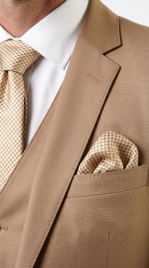 Statement Men’s Solid Caramel 100% Wool Vested Suit, Formal Wedding Business 3 Piece Suit Set