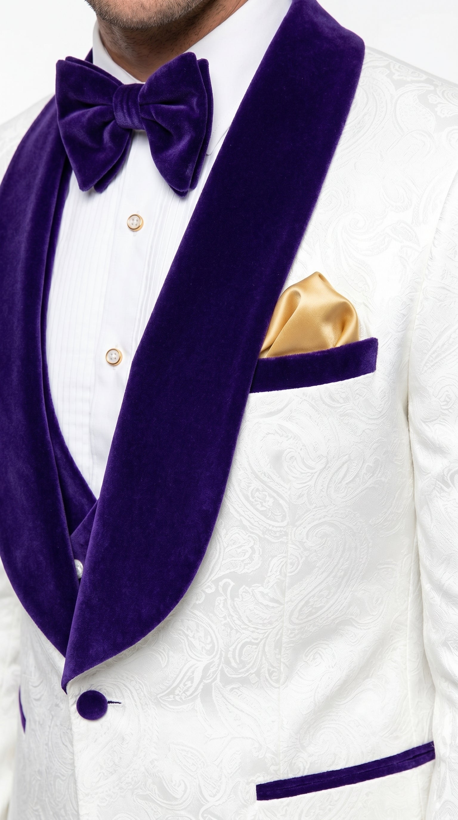Men’s White and Royal Blue Wedding Tuxedo, Groom Prom Suit with Velvet Shawl Lapel and Matching Vest