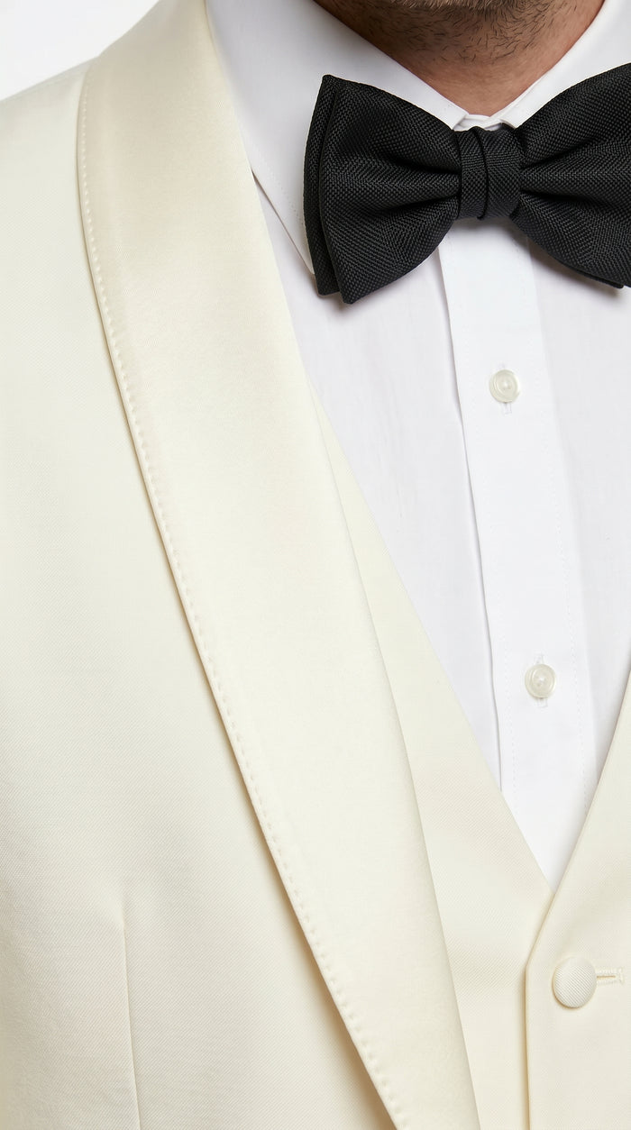 Statement Men’s Off White 100% Wool Vested Tuxedo with White Lapel, Wedding Prom Formal Suit Set