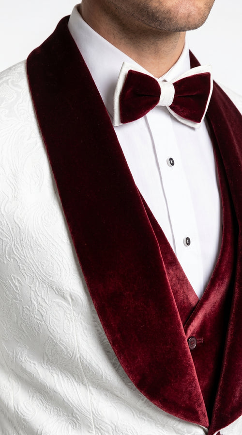 Men’s Gianni White and Burgundy Velvet Lapel 3 Piece Tuxedo, Formal Wedding Prom Suit