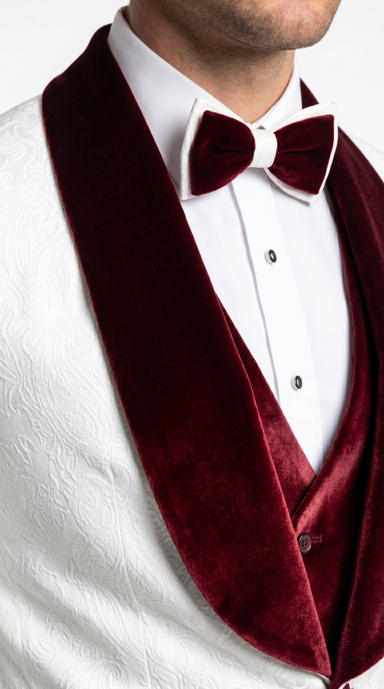 Men’s Gianni White and Burgundy Velvet Lapel 3 Piece Tuxedo, Formal Wedding Prom Suit