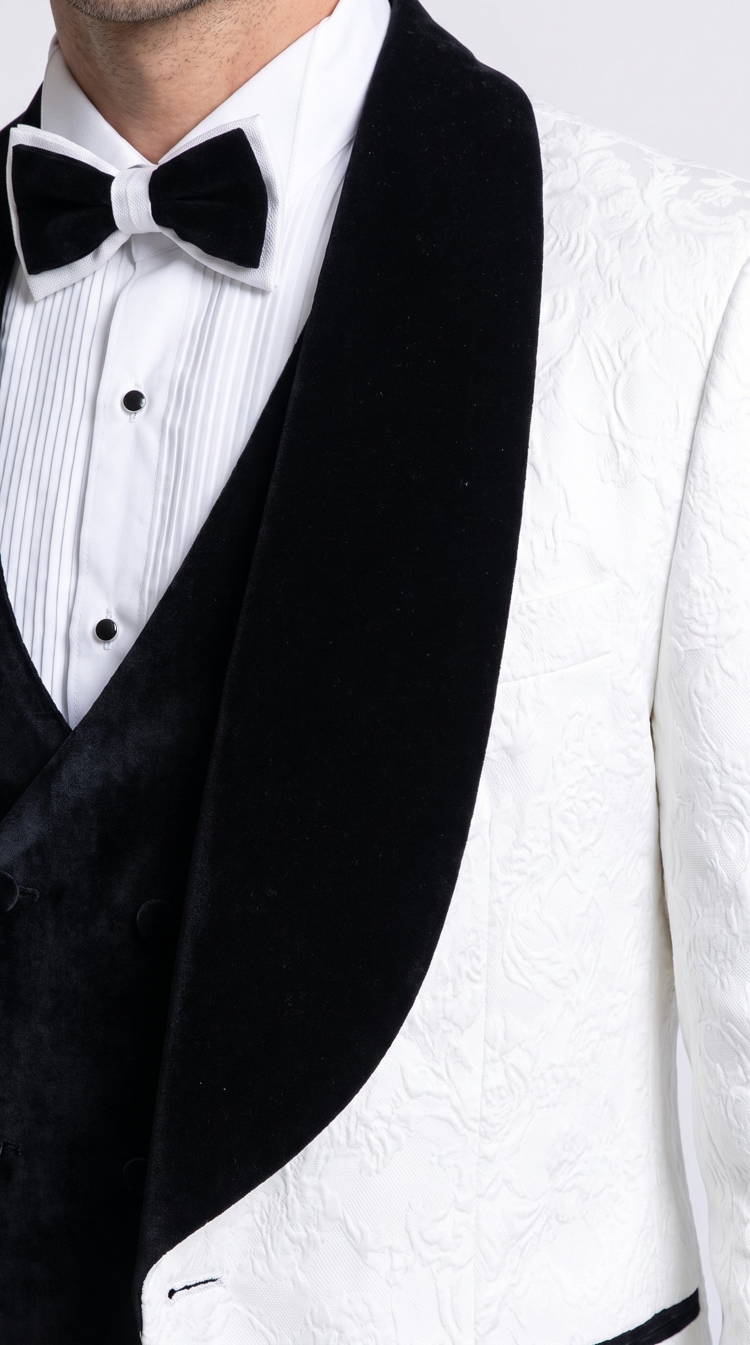Gianni Men’s White 3 Piece Tuxedo with Black Velvet Lapel, Tailored Fit Formal Wedding Prom Suit