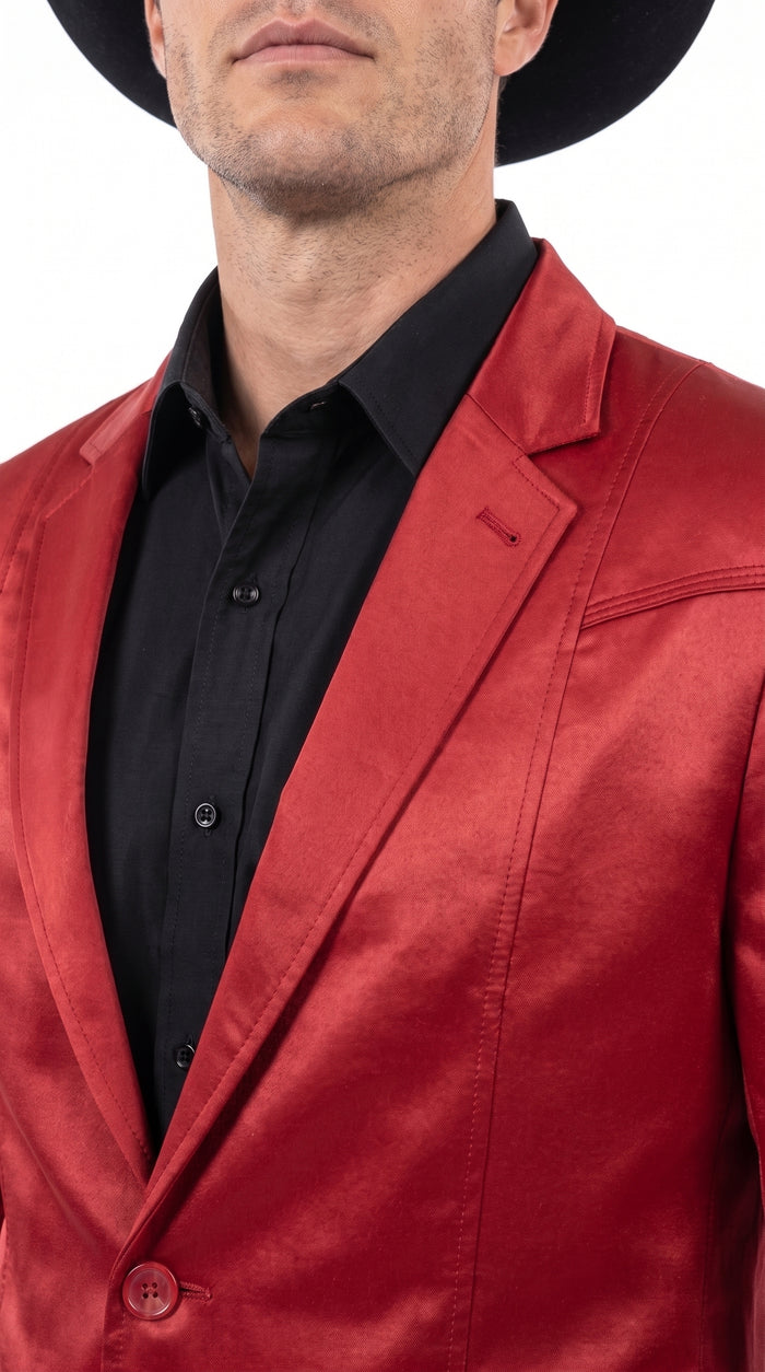 Men’s Western Red Blazer, Slim Fit Shiny Finish Sport Coat for Weddings Prom and Special Events