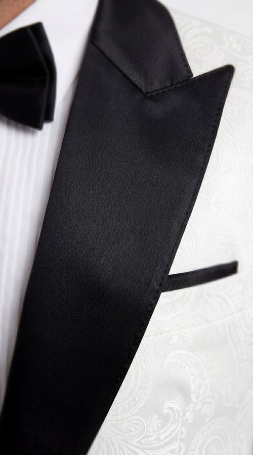 Statement Men’s White and Black Vested Tuxedo, Peak Lapel Wedding Prom Formal Suit with Bow Tie