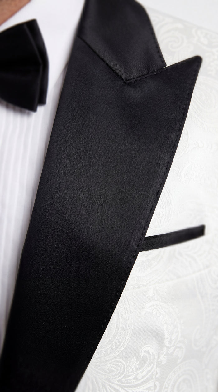 Statement Men’s White and Black Vested Tuxedo, Peak Lapel Wedding Prom Formal Suit with Bow Tie