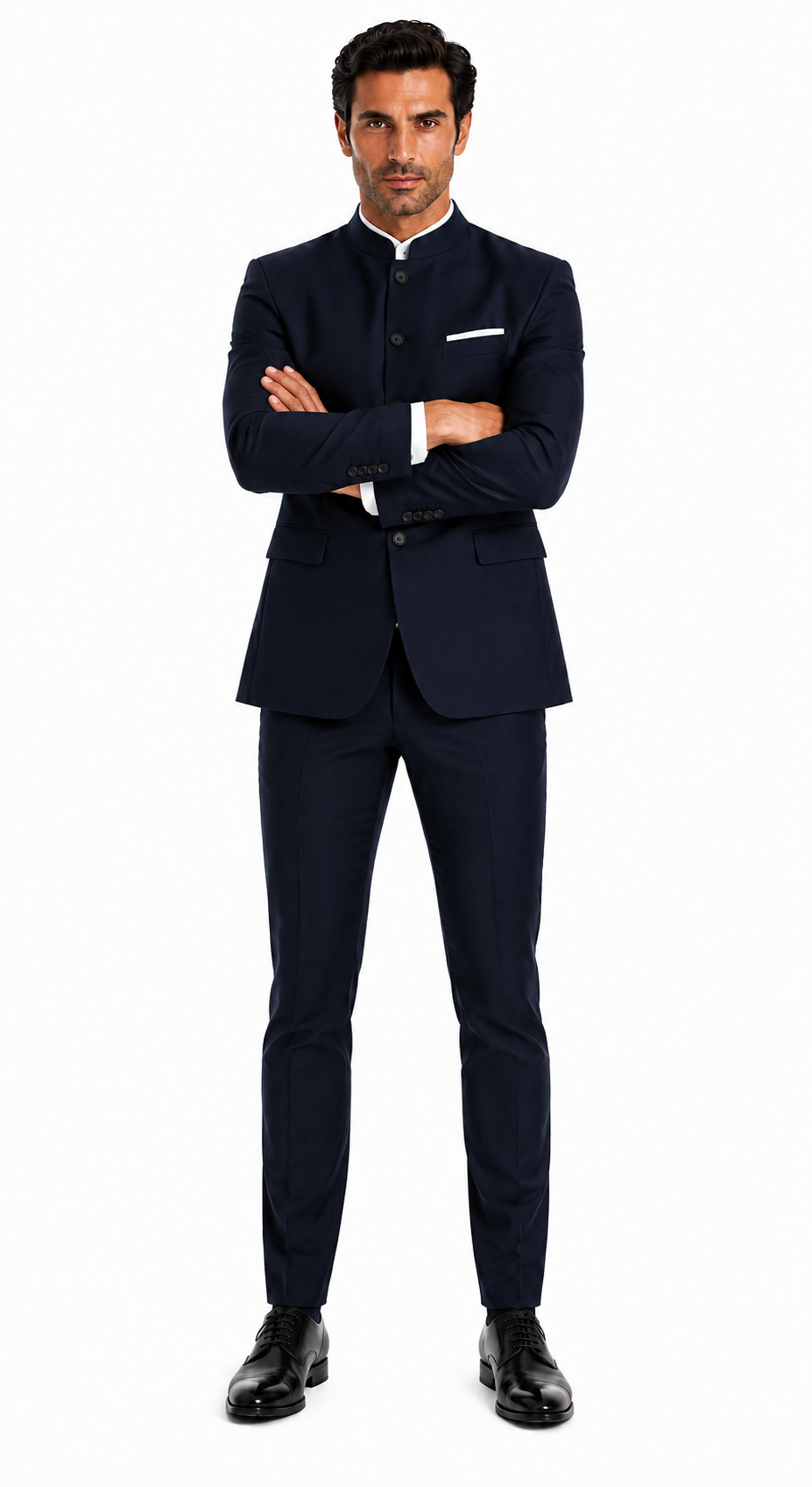Mandarin Suit - Navy Blue Color Banded Collar Suit - Chines Collar in Color Dark Blue