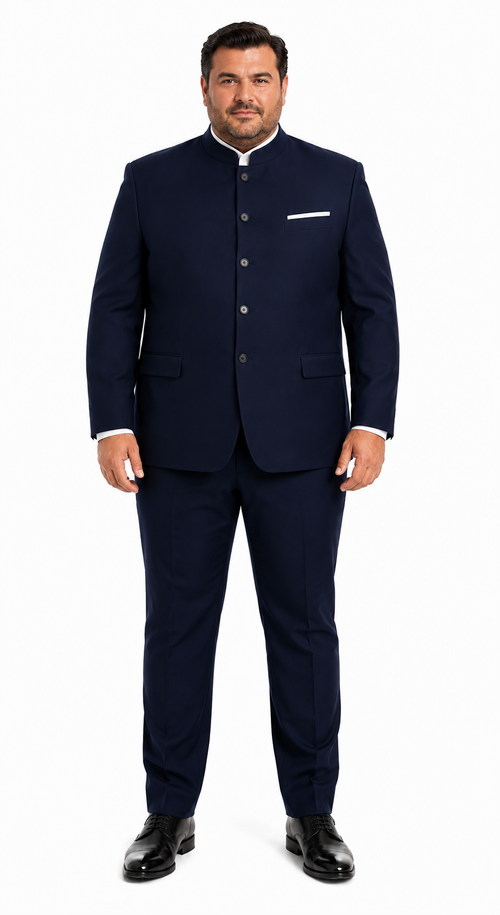 Mandarin Suit - Navy Blue Color Banded Collar Suit - Chines Collar in Color Dark Blue