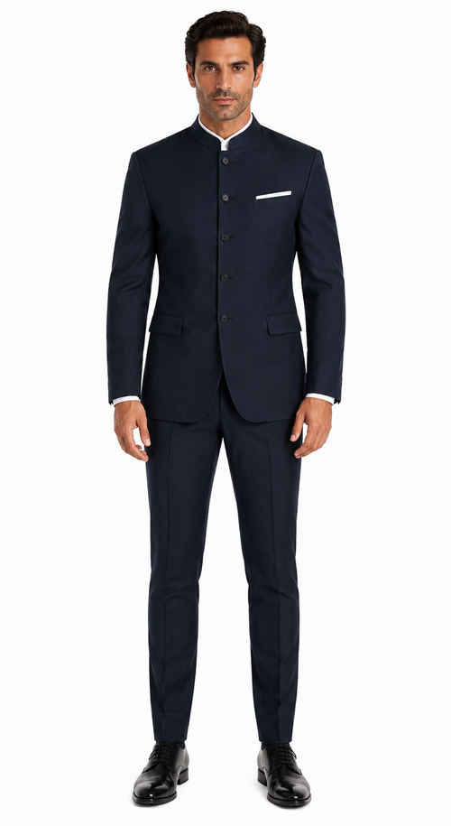 Mandarin Suit - Navy Blue Color Banded Collar Suit - Chines Collar in Color Dark Blue