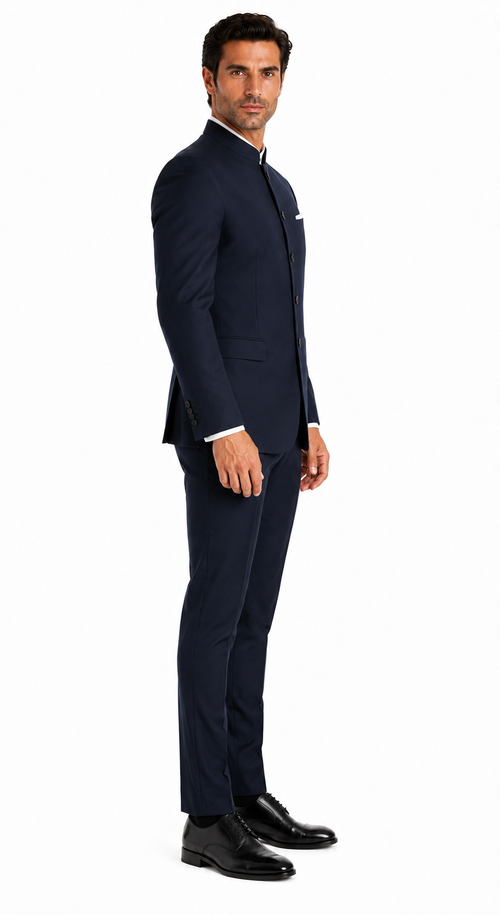 Mandarin Suit - Navy Blue Color Banded Collar Suit - Chines Collar in Color Dark Blue