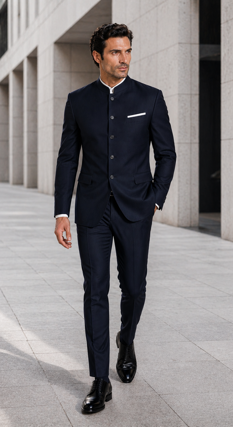 Mandarin Suit - Navy Blue Color Banded Collar Suit - Chines Collar in Color Dark Blue