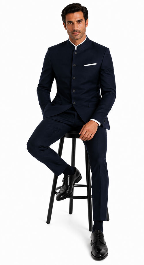 Mandarin Suit - Navy Blue Color Banded Collar Suit - Chines Collar in Color Dark Blue