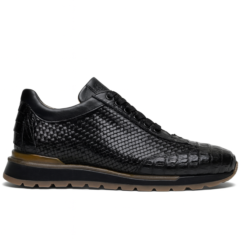 Marco Di Milano Roma Men's Shoes Black Genuine Caiman Crocodile / Woven Leather Fashion Sneakers - 8