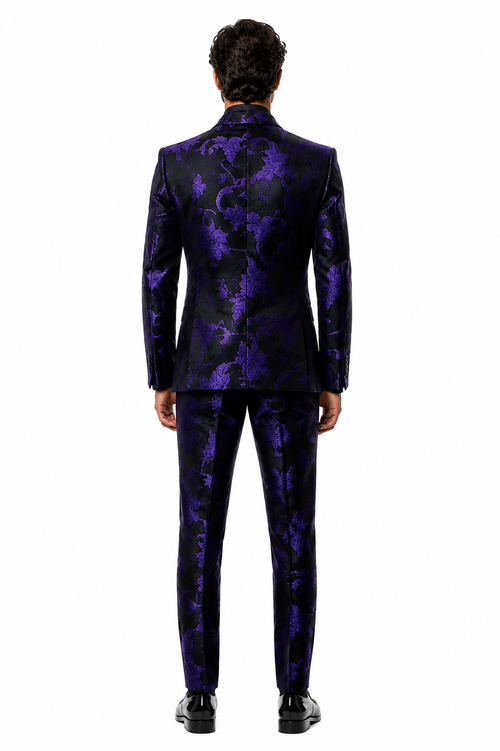 Mardi Gras Suit - Purple and Black Paisley Tuxedo Dinner Jacket + Matching Pants - Slim Fitted
